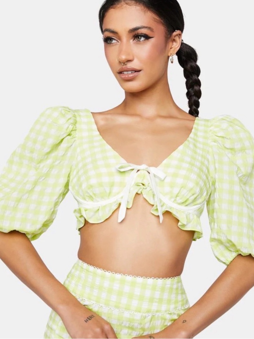 For Love & Lemons Maureen Green Gingham Tie-Front Puff Sleeve Crop Top